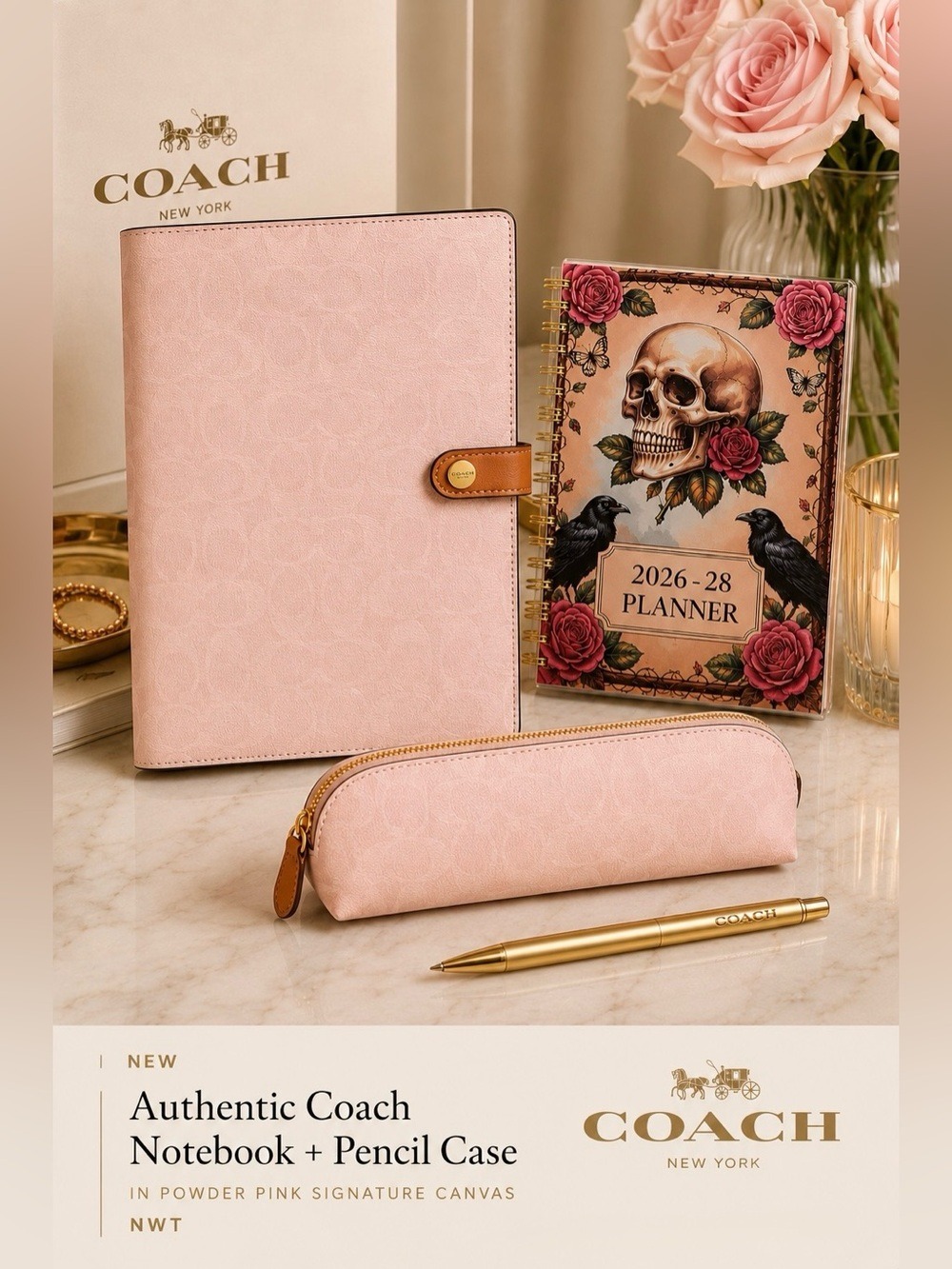 NEW Authentic Coach Notebook + Pencil Case In Powder Pink Signature Canvas NWT